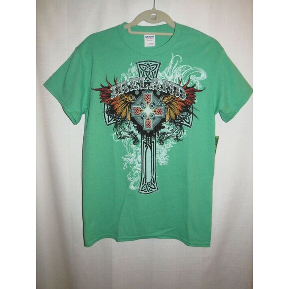 Gildan Green Ireland Cross Cotton Blend Tee Shirt Men's Size Small - Picture 2 of 5